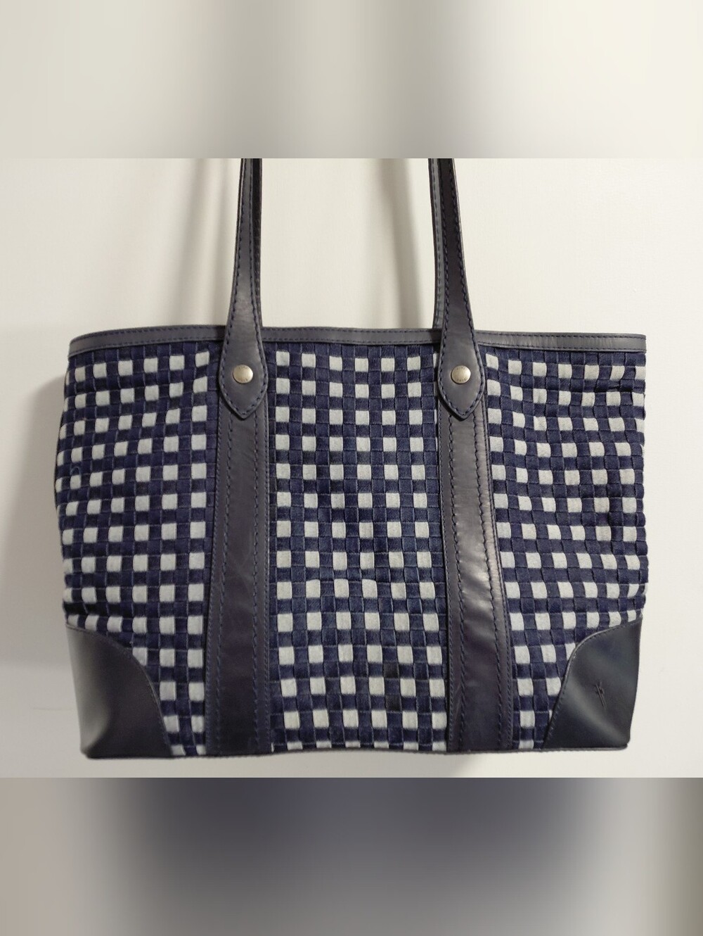 Frye Melissa Navy Blue Denim And Leather Woven Tote Bag